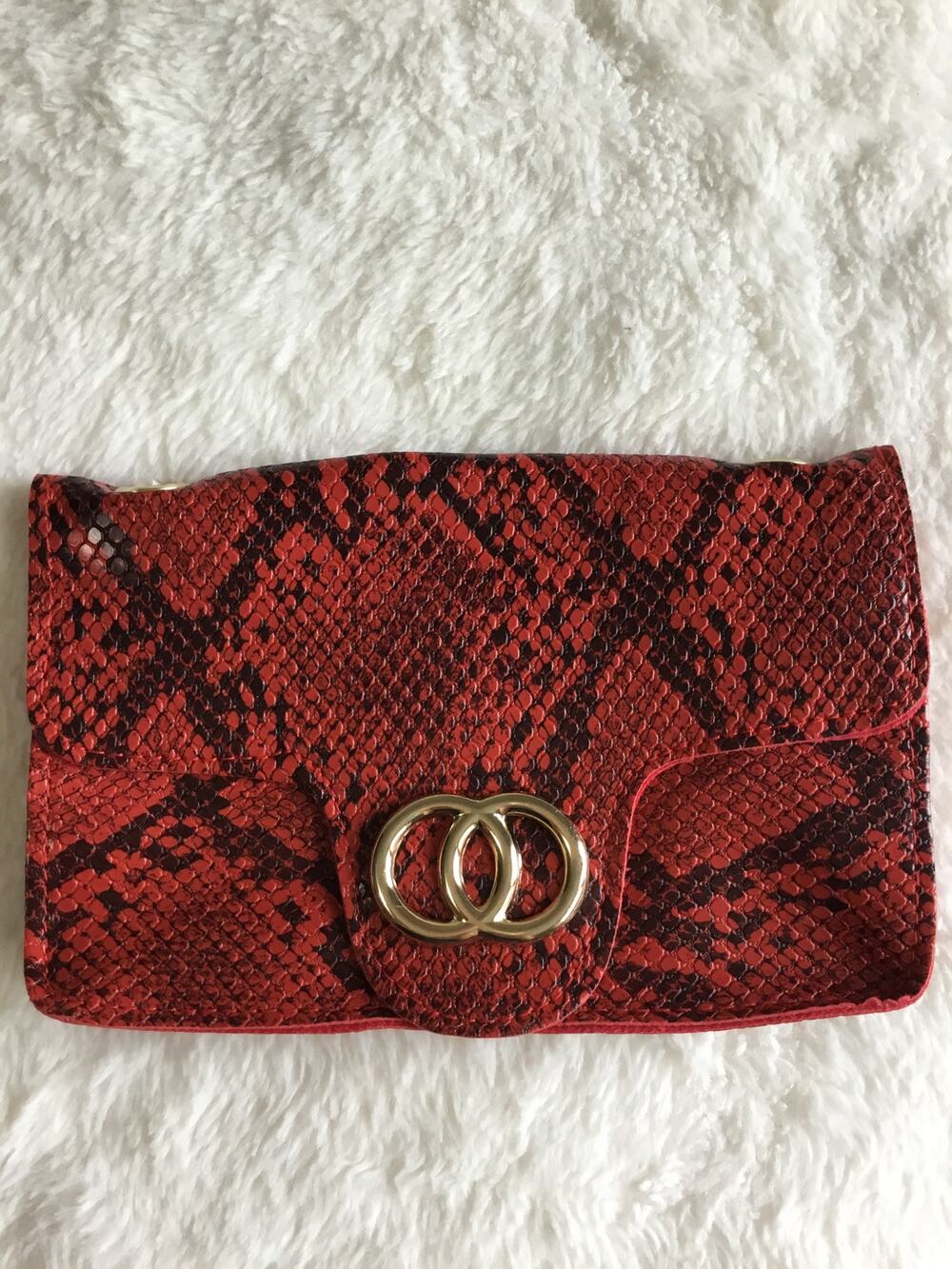Red Faux Snake Leather Metal Rings Gold Chain Crossbody Bag